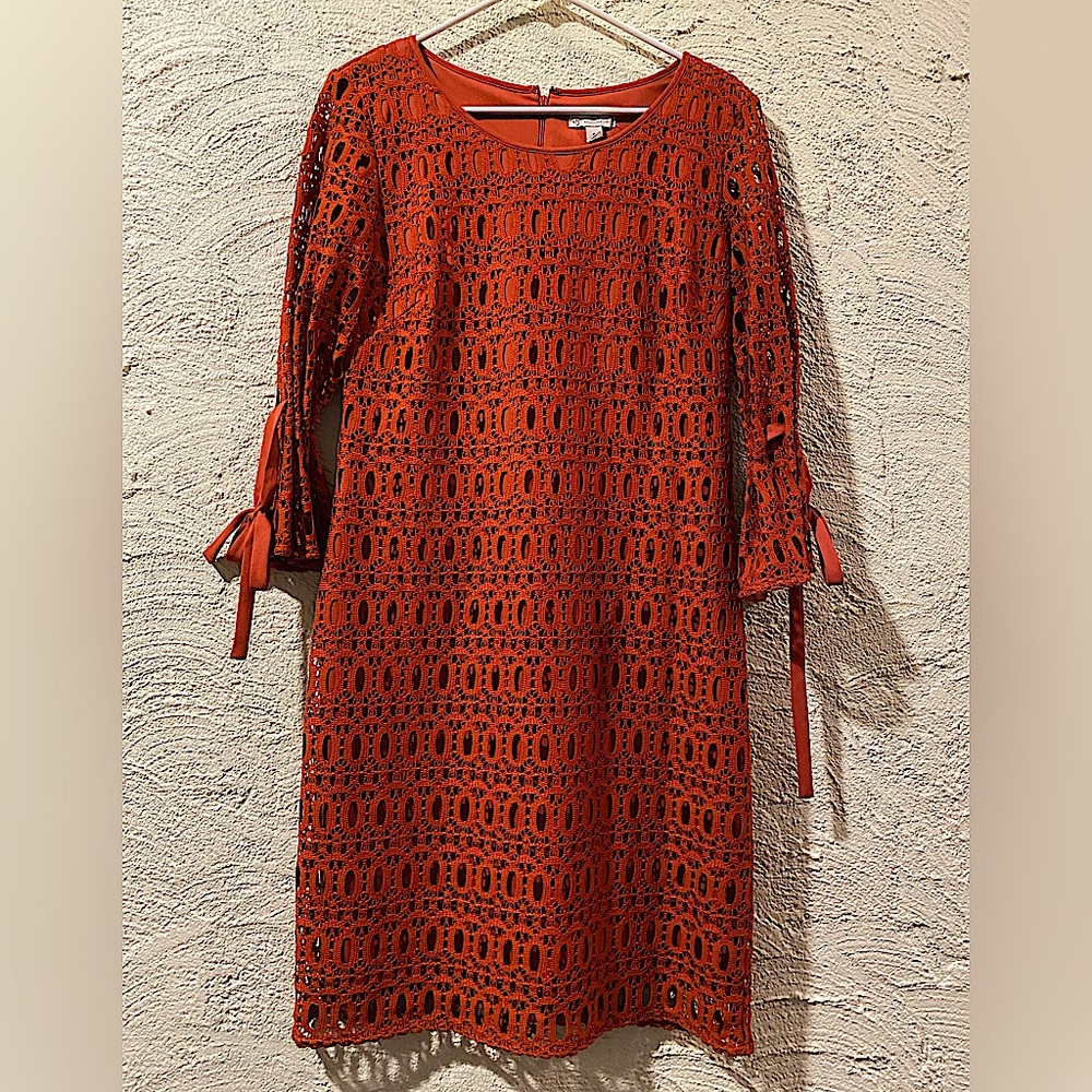 Dress Barn size 8 burnt amber, lace, boho dress with bow sleeves